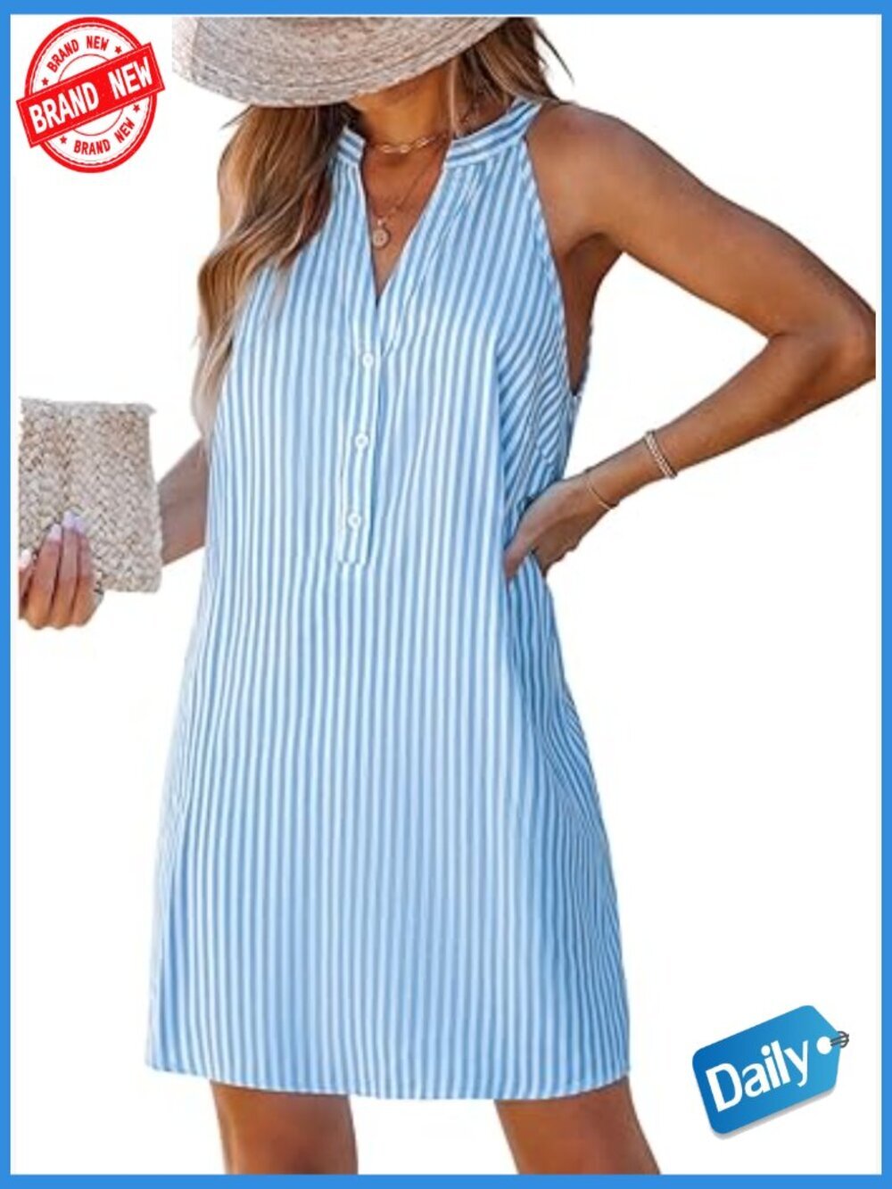 V Neck Sleeveless Striped Button Up Mini Casual Summer Dress